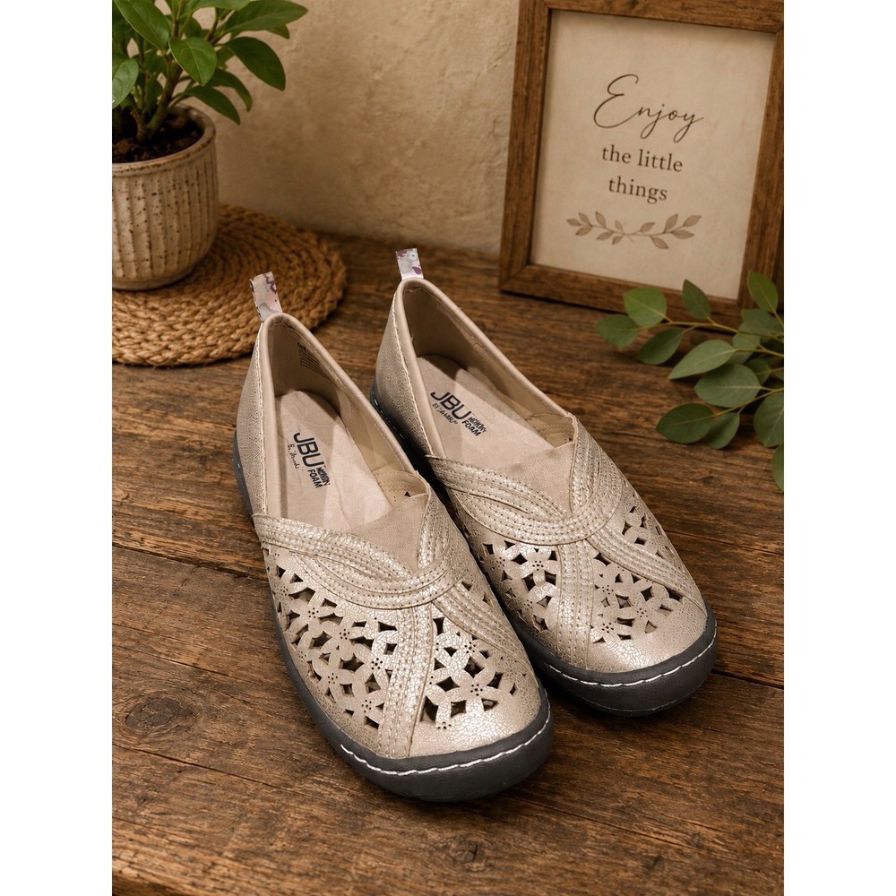 JBU Women's Slip-On Comfort Flats – Size 8M Pecan Champagne Shimmer Memory Foam